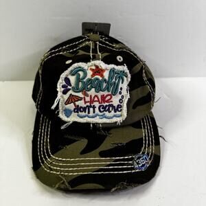 4350 District Womens Camouflage Distressed Trucker Hat “Beach Hair Don’t Care”